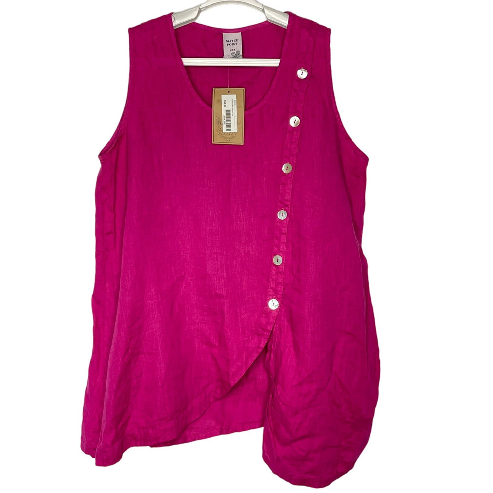Match Point Pink Sleeveless Linen Top Button Front Asymmetric Hem Size Large